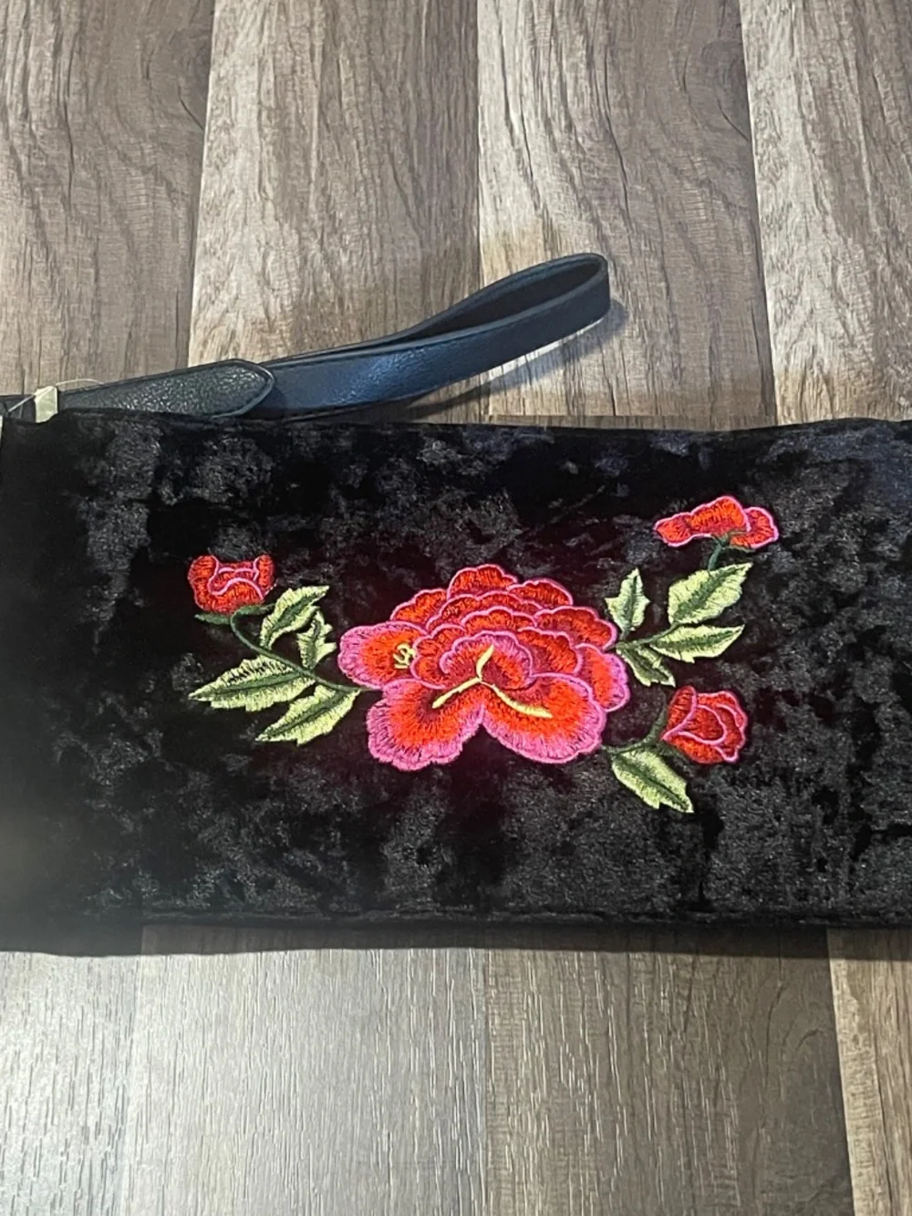 Black Crushed Velvet Clutch with Flower